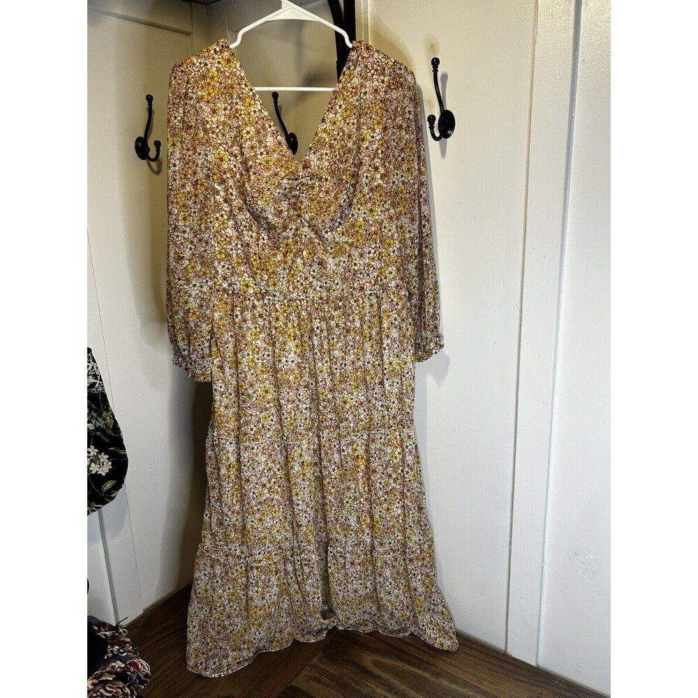 Sincerely Jules Bohemian Ruched Peasant Dress Yellow Floral Women’s XL